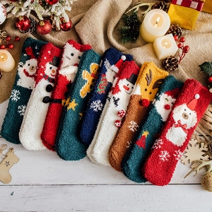 Women Christmas Coral Fleece Socks Thick Warm Plush Home Floor Socks With 3D Cartoon Santa Reindeer Snowman Jacquard Gift
