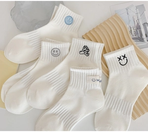 Detailed view of white cotton crew socks featuring embroidered smileys and cartoon bear