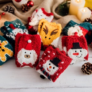 Plush Christmas coral fleece socks set featuring Santa, reindeer and bear festive designs