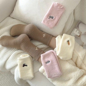 Women Fuzzy Socks Thick Warm Sleep Socks Cute Cartoon Embroidery Brushed Nylon Floor Socks For Winter Home Wearing