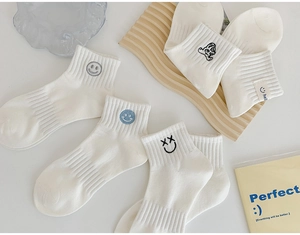 Detail of white cotton crew socks featuring embroidered smileys and hello labels