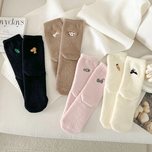 Thick warm fleece socks for women with cute animal embroidery in four neutral colors