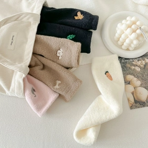 Thick warm fleece winter socks for women with cute animal embroidery and soft plush texture