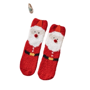 Thick Christmas coral fleece thermal socks featuring 3D Santa Claus design in festive red
