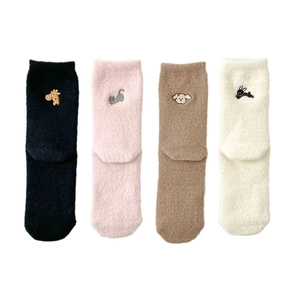 Thick warm velvet socks for women with cute animal embroidery in four soft colors