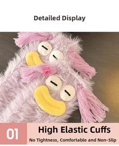 Detail of high-elastic purple fuzzy monster socks with cute duck beak and comfort cuffs