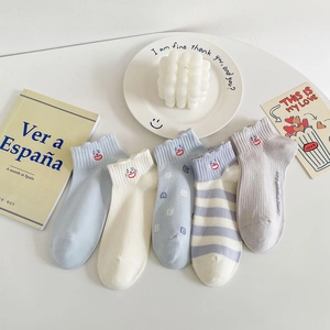5-pack blue cute cartoon embroidery combed cotton low-cut breathable women socks