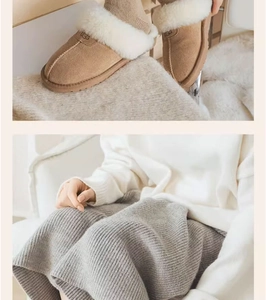Gros plan de bottes d'hiver camel avec doublure en peluche et ensemble en maille assorti