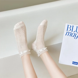 Close-up of white lace socks featuring ruffle cuffs and delicate pearl embellishments