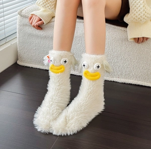 Funny 3D cartoon plush crew socks for women in white soft warm fleece material