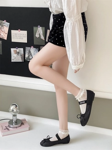Detail of white lace socks with pearl trim paired with black Mary Jane ballet flats