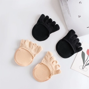 Detail of five-toe half socks in beige and black with cushioned sponge padding