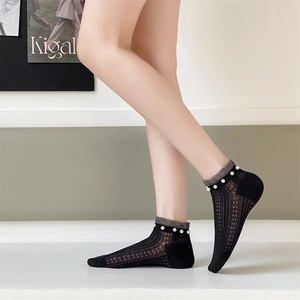 Breathable black lace ankle socks with pearl embellishment and ruffled trim details