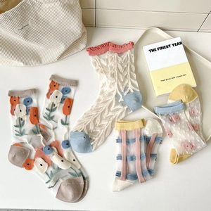 Chaussettes Mi-mollet en Maille Transparente pour Femmes Broderie Florale Soie de Verre Chaussettes d'Été Fines à Volants