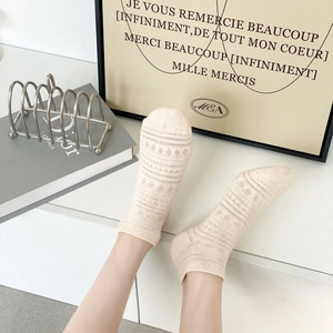Détail de chaussettes en maille beige avec motifs ajourés délicats et bords côtes chevilles