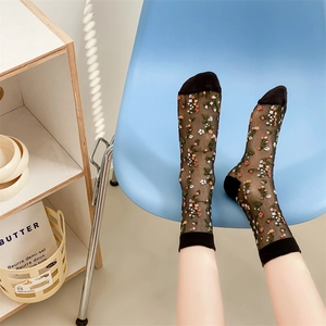 Black sheer floral embroidered mesh socks for women featuring breathable crystal silk fabric