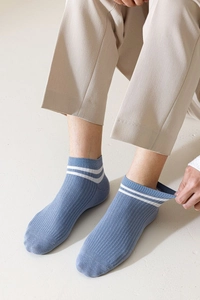 Detail of light blue ribbed low cut socks with double white stripes for men