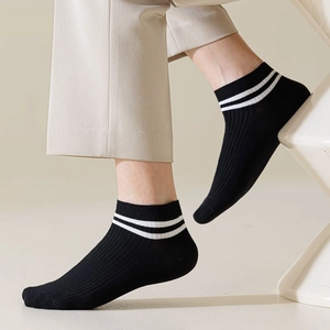 Men's low cut boat socks in black with double white stripes and ribbed elastic cotton cuffs