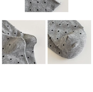 Detailed views of gray knit socks with black polka dots showing ribbed cuffs and seamless toe