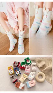 Collage of thick winter coral fleece socks with cute cartoon animal and festive patterns