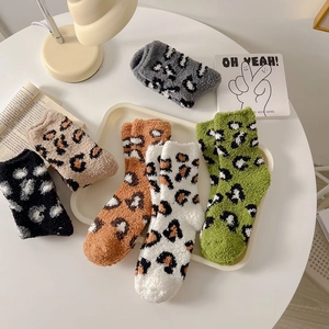 Women Leopard Print Coral Fleece Thick Warm Mid-Calf Sleep Socks Japanese Style Winter Fuzzy Socks Soft Home Socks