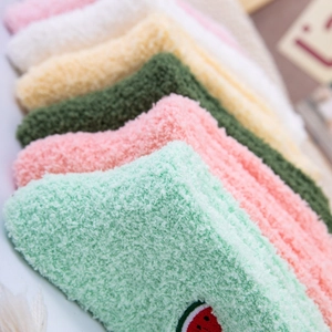 Thick coral fleece warm socks in macaron colors with cute fruit embroidery for women
