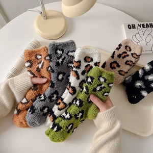 Thick leopard print coral fleece mid-calf socks in various colors for winter warmth