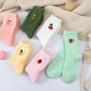 Women Japanese Style Coral Fleece Socks With Fruit Embroidery Thickened Warm Mid-Calf Polyester Sleep Socks For Home
