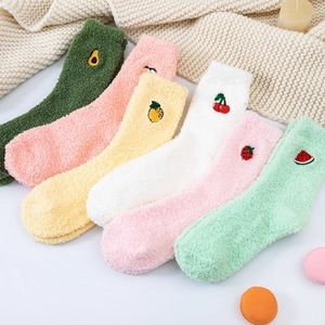 6-pack warm coral fleece socks with fruit embroidery and soft plush texture
