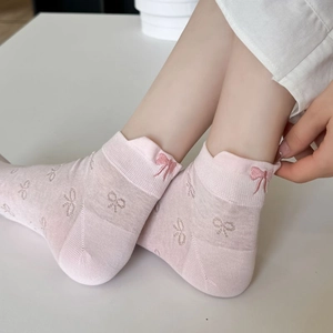 Close-up of pink mesh ankle socks with bow jacquard and scalloped lace trim