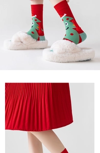 Detailed view of Christmas themed socks with 3D plush balls and white faux fur slippers