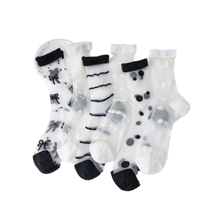 5-pack summer sheer mesh socks for women with bows and polka dots in black and white
