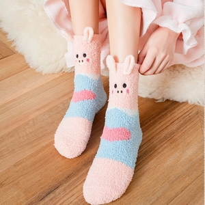 Pink and blue cartoon pig coral fleece socks with 3D ears for winter home wear