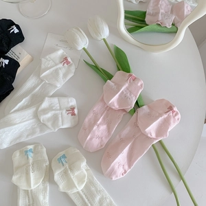 Detailed view of mesh ankle socks with bow embroidery and jacquard texture for women