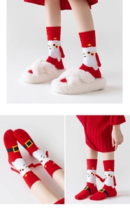 Detail view of red and white Santa Claus knitted socks with golden star embroidery
