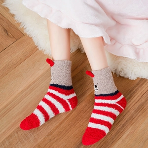 Cute red and white striped coral fleece Christmas socks with 3D cartoon bear ears