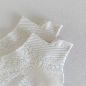Detailed macro shot of white mesh ankle socks with intricate floral knit and ribbed cuffs