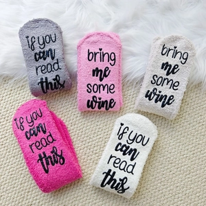 Funny Wine Letter Printed Fuzzy Socks For Women Men Coral Velvet Warm Thickened Sleeping Socks Non-slip Gripper Fuzzy Socks