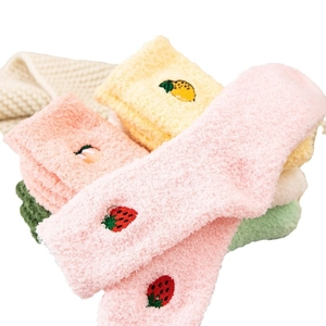 Plush coral fleece thermal socks for women with cute fruit embroidery in pastel colors