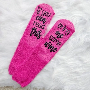 Fuzzy coral fleece thermal socks in rose red with humorous anti-slip printed lettering