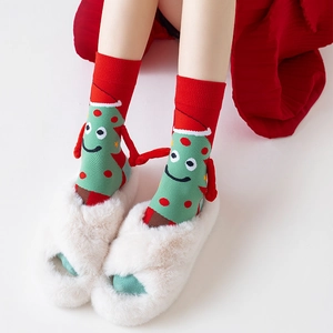 Festive Christmas mid-calf socks with 3D cartoon trees and magnetic hand features