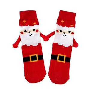 Christmas Santa Claus themed mid-calf socks with 3D magnetic hand-holding feature