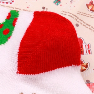 Detailed close-up of thickened red heel stitching on Christmas cotton socks with knit texture