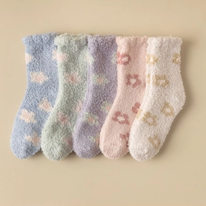 Women Coral Fleece Thickened Warm Sleep Socks Winter Japanese Style Jacquard Floral Fuzzy Mid Tube Home Socks For Lady