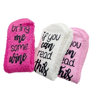 Fuzzy coral fleece thermal crew socks with anti-slip text bring me wine in three colors