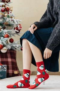 Close-up of red Christmas socks featuring snowman and tree patterns in a cozy holiday setting