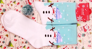 Detail of Christmas snowman patterned cotton socks with holiday festive packaging