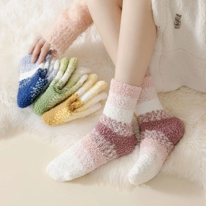 Chaussettes Mi-Bas Unisexe en Molleton de Corail à Rayures Hiver Chaud Épaissi Doux Peluche Sommeil pour Intérieur Maison