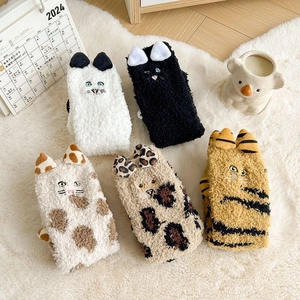 Women Cute Cat Ears Coral Fleece Socks Thickened Warm Floor Sleep Socks Winter Animal Print Mid-Tube Jacquard Home Socks