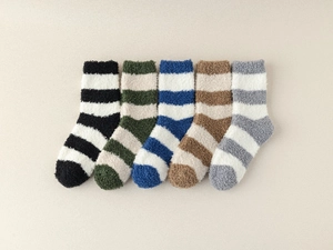 Set of five striped coral fleece socks in black, green, blue, camel, and grey colors